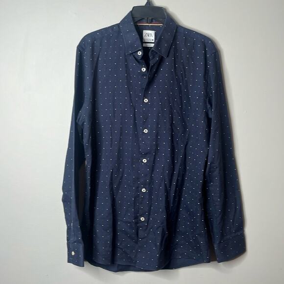 Zara Other - Zara Men’s Slim Fit Navy Polka Dot Button Up Dress Shirt Large